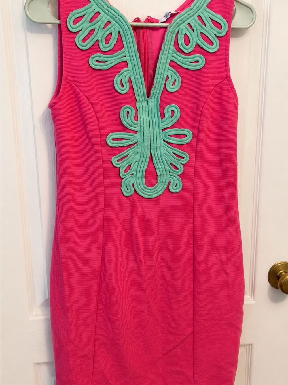 Bright Pink Sleeveless Dress with Mint Embroidered Trim